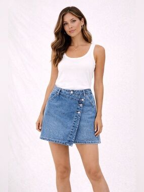 Free People Denim Mini Skirt Crossover Asymmetrical Size 29 Excellent Condition